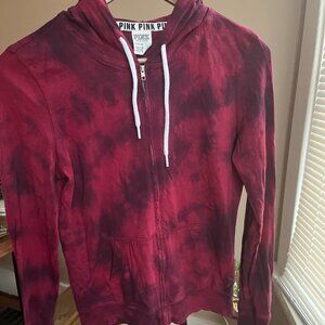 PINK VICTORIA SECRET RED TIE DYE ZIP UP HOODIE